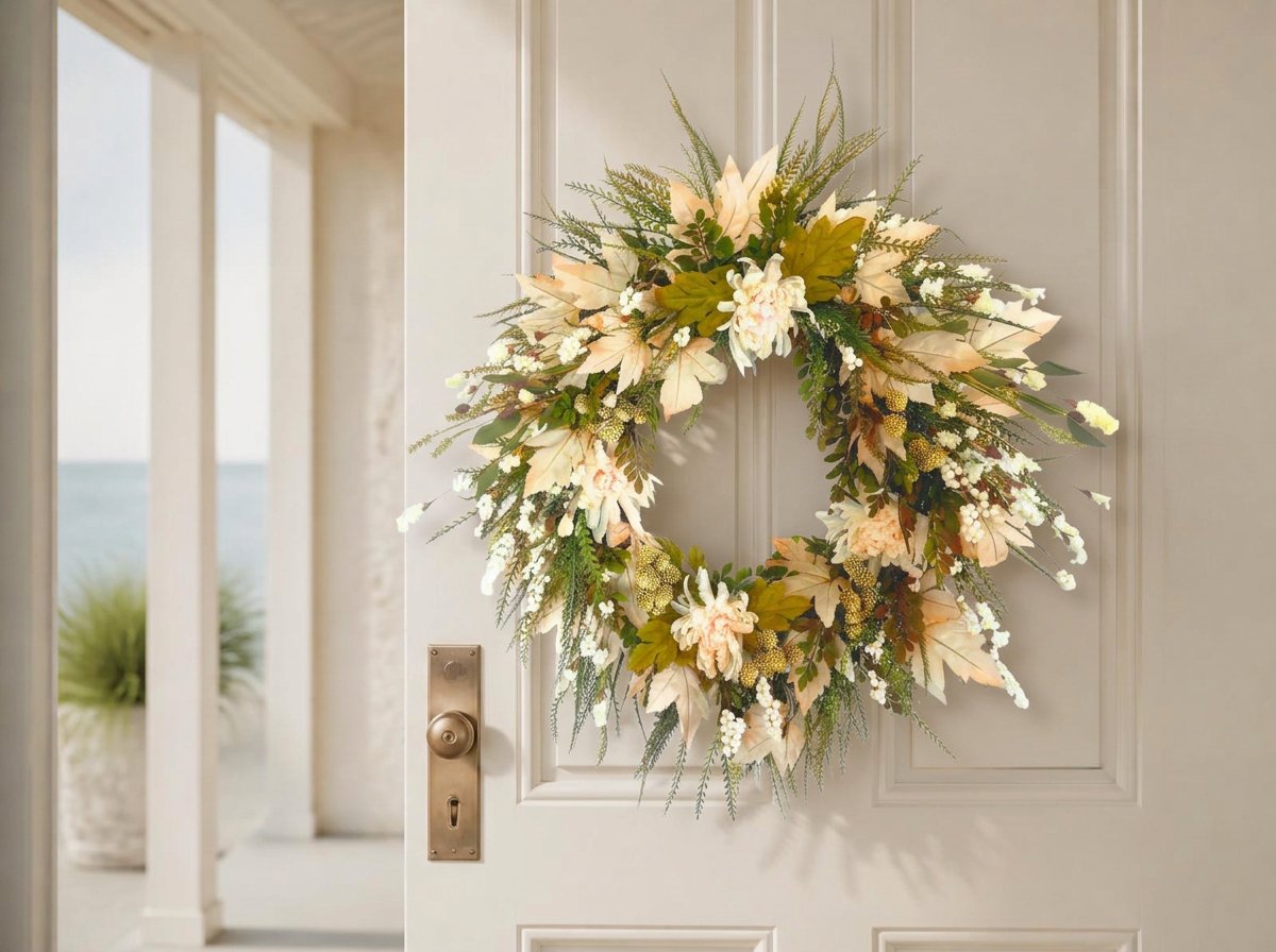 Handcrafted coastal wreath with cream blooms and pale maple leaves hanging on an ivory front door
